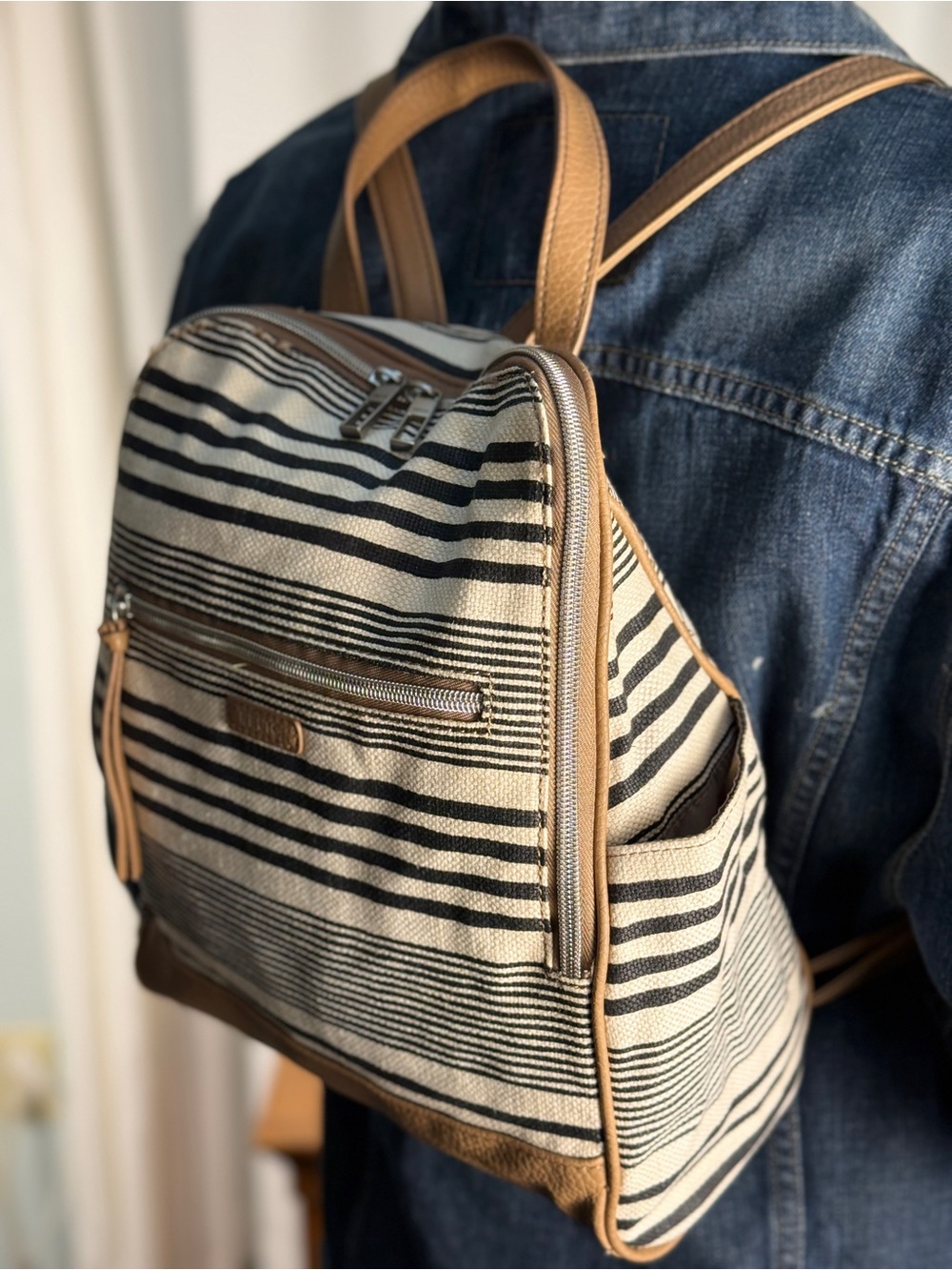 Relic Striped Black & Cream Canvas Backpack Purse with Tan Trim - EUC